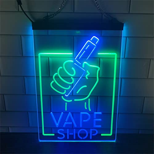 Letrero de neón LED para tienda de vape, luces de neón grabadas en 3D de doble color USB personalizadas, para barra de humo tienda de vape colgante de pared decorativo regulable,Green blue,30x20cm