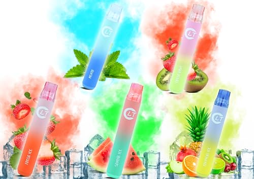 LT Vaper sin nincotina desechable de sabores en pack de 5 unidades (Menta/Fresa kiwi/Fresa Ice/Tropical Ice/Sandia) 2000 caladas de puro sabor, disfruta de la mejor experiencia de vapeo con LT