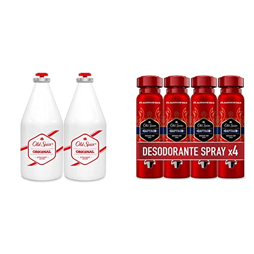 PACK X2 Old Spice Original Loción Aftershave, 100 ml & PACK X4 Captain Spray Corporal Desodorante Para Hombres 150 ml